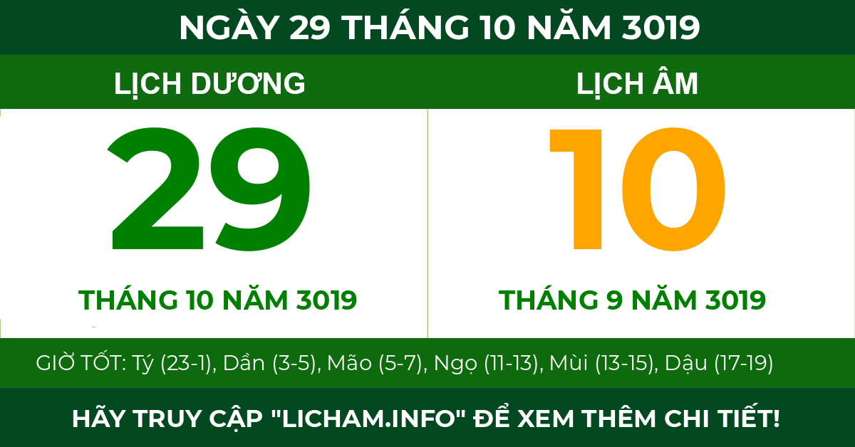 lịch âm ngày 29 tháng 10 năm 3019