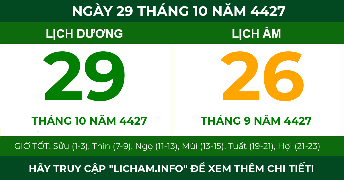 lịch âm ngày 29 tháng 10 năm 4427