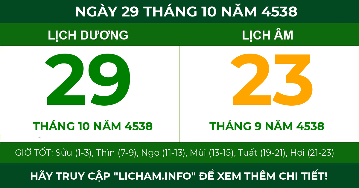 lịch âm ngày 29 tháng 10 năm 4538