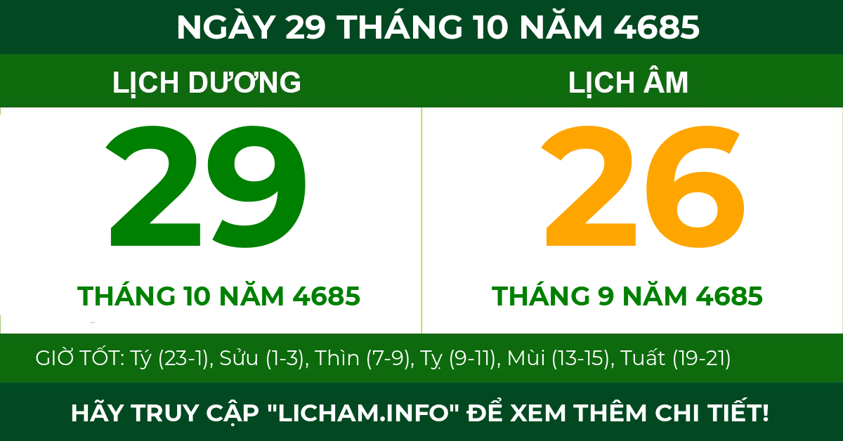 lịch âm ngày 29 tháng 10 năm 4685