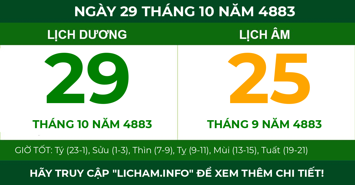 lịch âm ngày 29 tháng 10 năm 4883