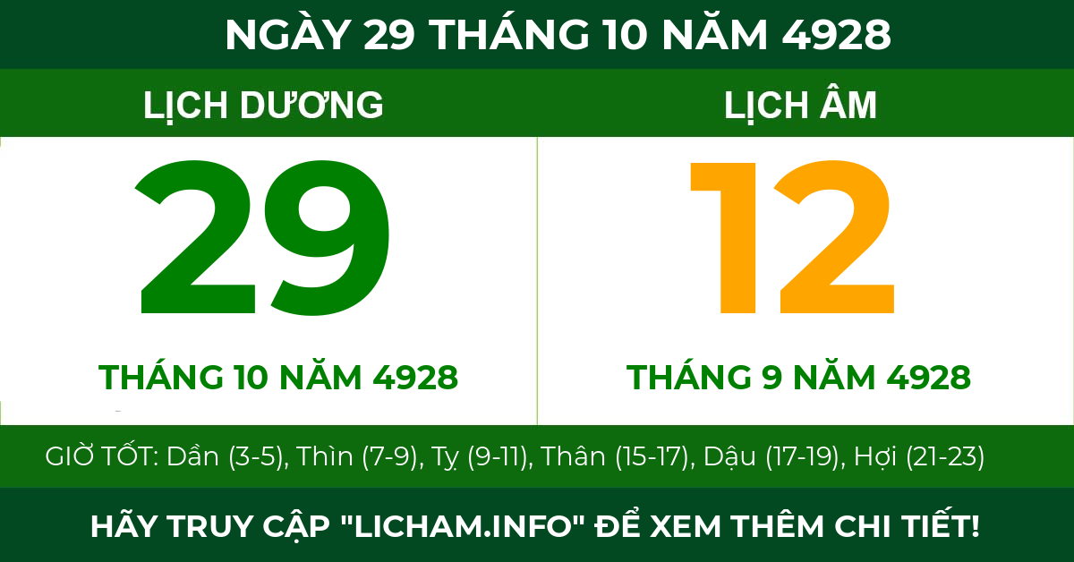 lịch âm ngày 29 tháng 10 năm 4928