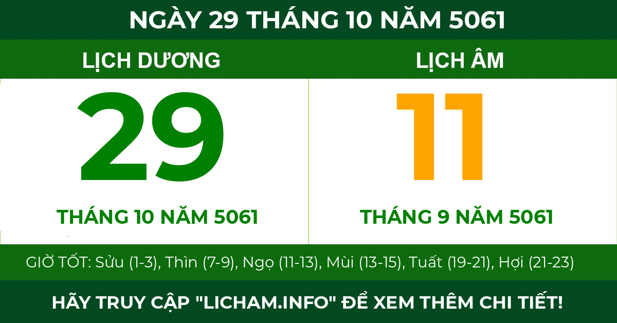 lịch âm ngày 29 tháng 10 năm 5061