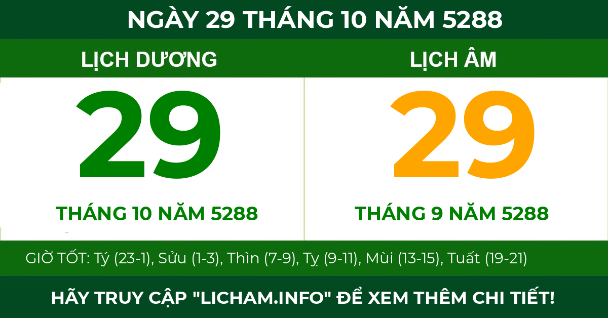 lịch âm ngày 29 tháng 10 năm 5288