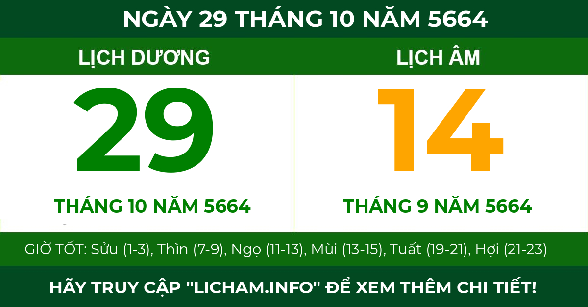 lịch âm ngày 29 tháng 10 năm 5664