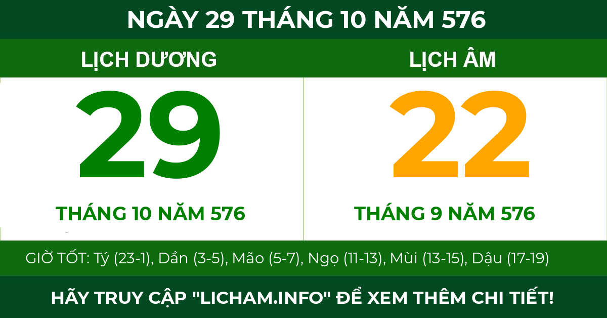 lịch âm ngày 29 tháng 10 năm 576