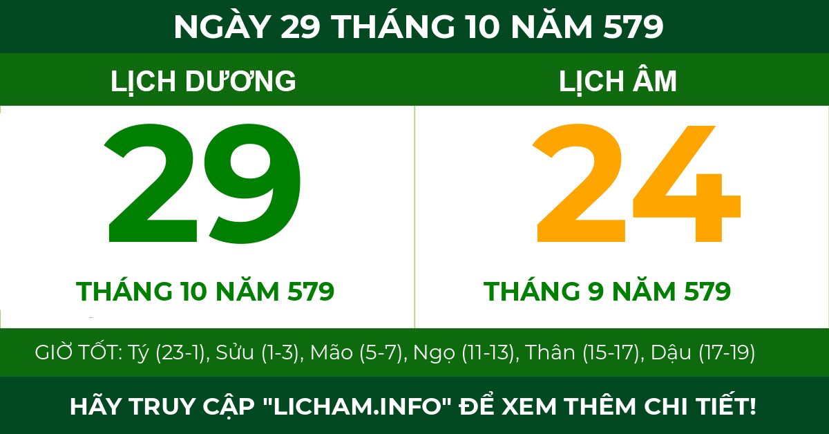 lịch âm ngày 29 tháng 10 năm 579