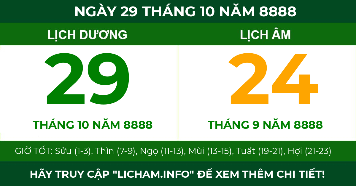 lịch âm ngày 29 tháng 10 năm 8888