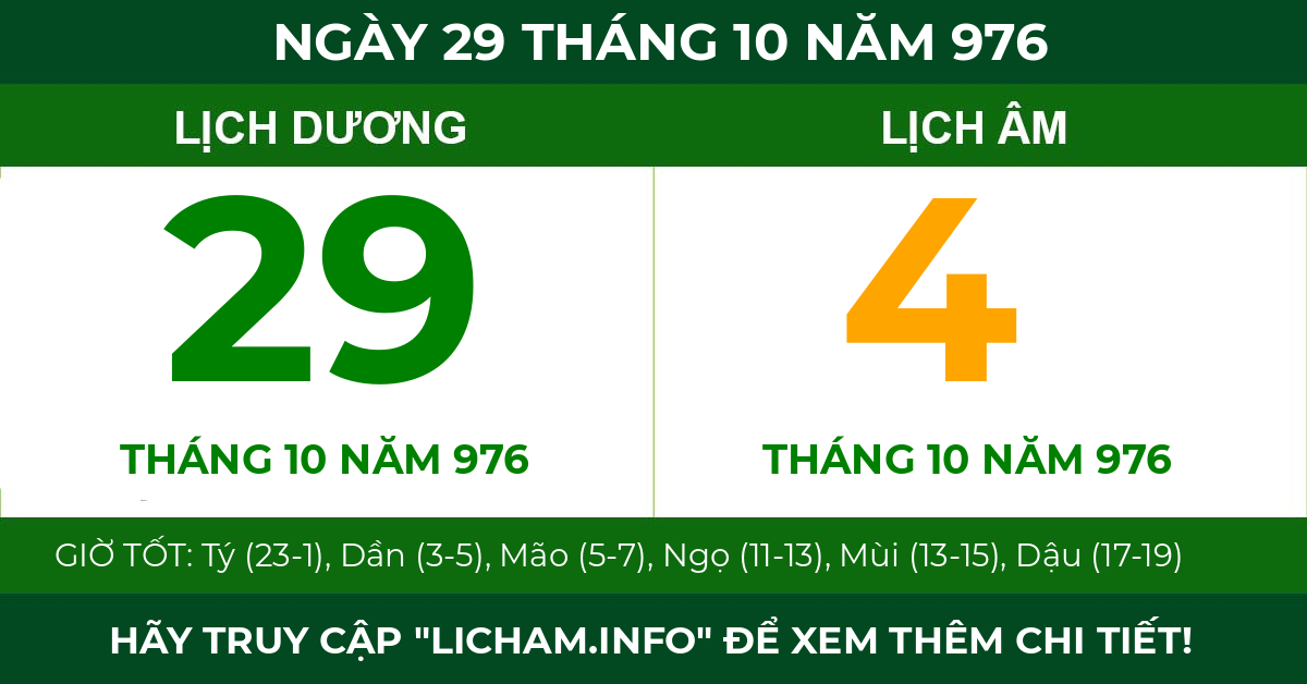 lịch âm ngày 29 tháng 10 năm 976