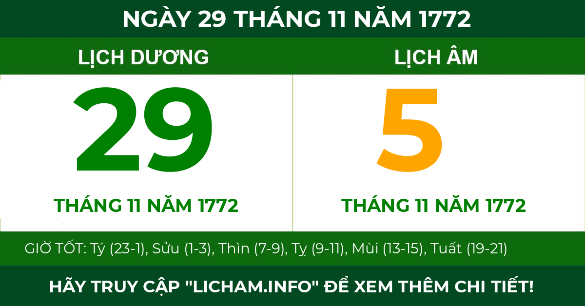 lịch âm ngày 29 tháng 11 năm 1772