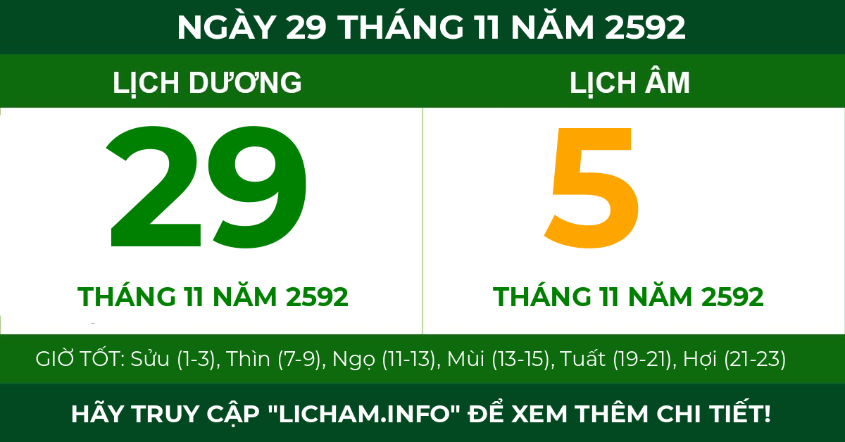 lịch âm ngày 29 tháng 11 năm 2592
