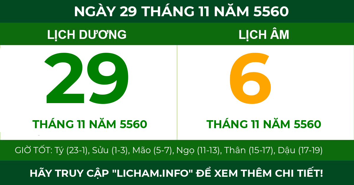 lịch âm ngày 29 tháng 11 năm 5560