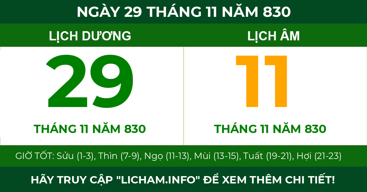 lịch âm ngày 29 tháng 11 năm 830