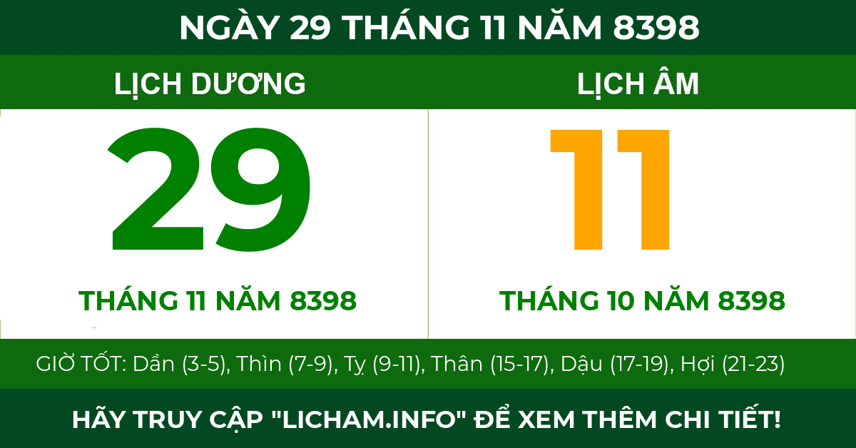 lịch âm ngày 29 tháng 11 năm 8398