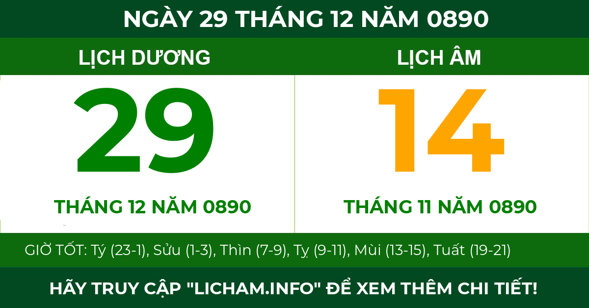 lịch âm ngày 29 tháng 12 năm 0890