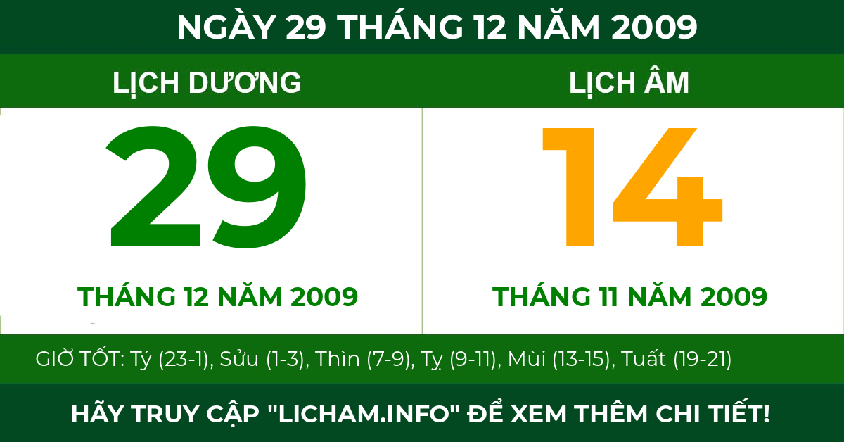 lịch âm ngày 29 tháng 12 năm 2009