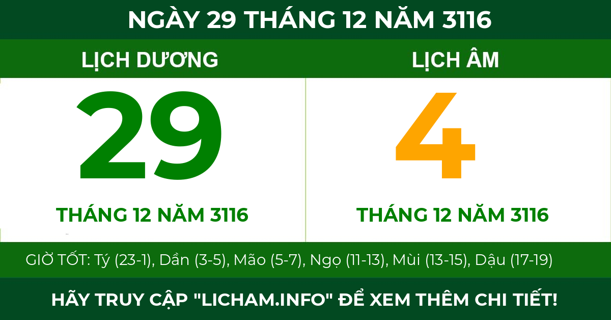 lịch âm ngày 29 tháng 12 năm 3116