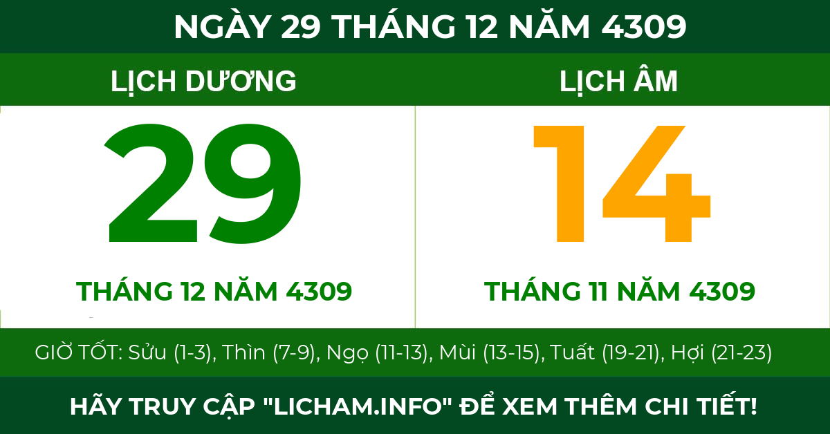 lịch âm ngày 29 tháng 12 năm 4309