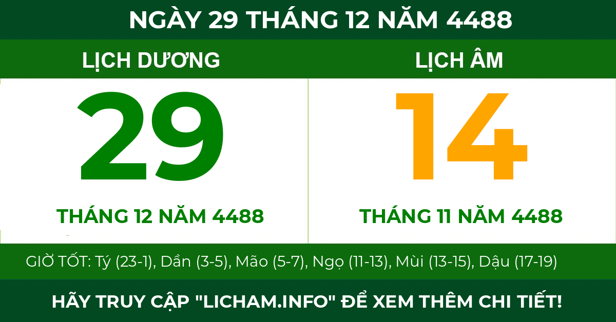 lịch âm ngày 29 tháng 12 năm 4488