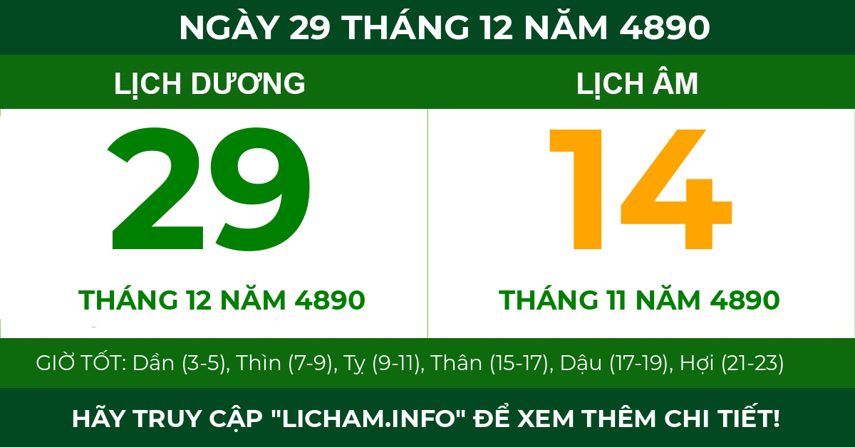 lịch âm ngày 29 tháng 12 năm 4890