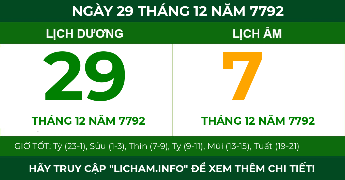 lịch âm ngày 29 tháng 12 năm 7792