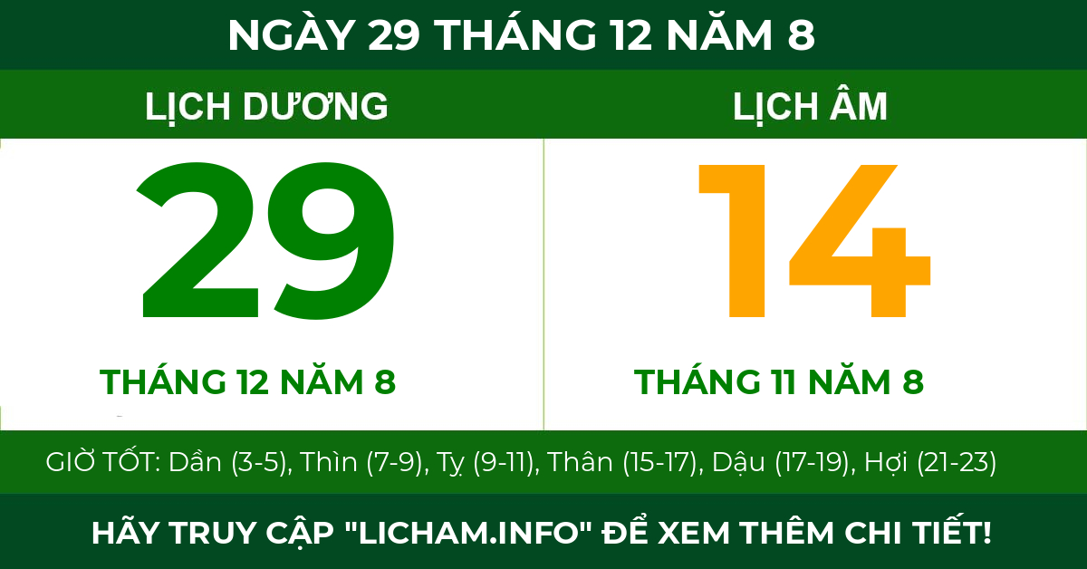 lịch âm ngày 29 tháng 12 năm 8