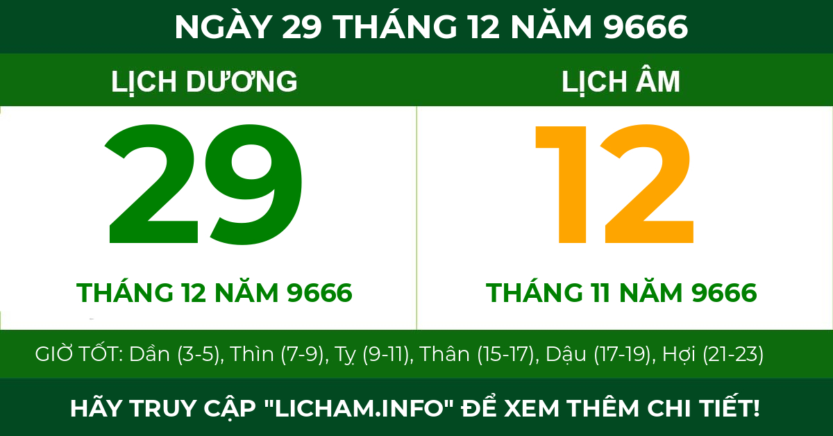 lịch âm ngày 29 tháng 12 năm 9666