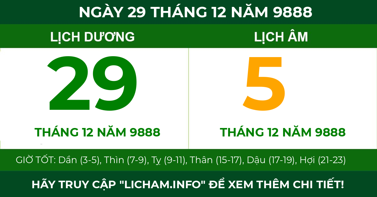 lịch âm ngày 29 tháng 12 năm 9888