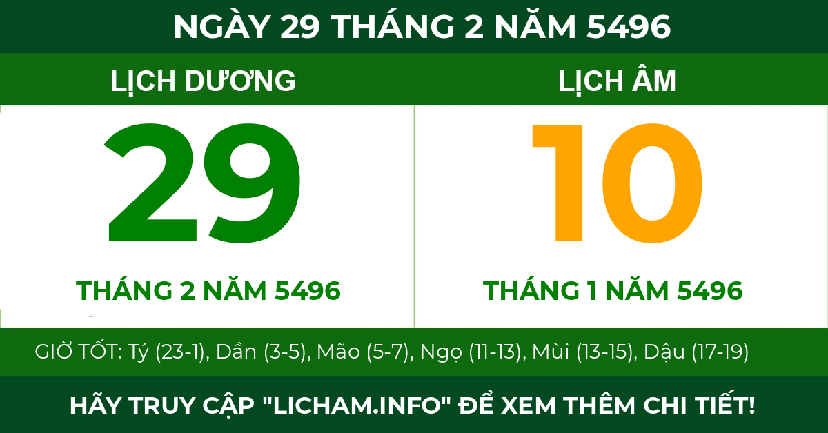 lịch âm ngày 29 tháng 2 năm 5496