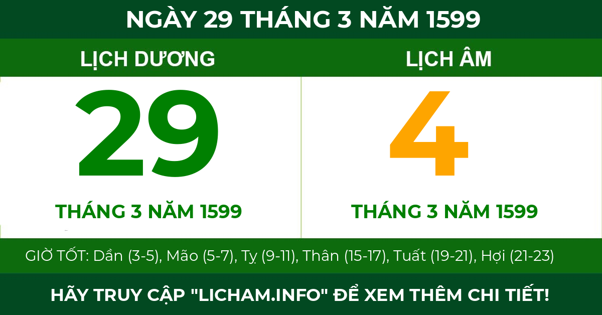 lịch âm ngày 29 tháng 3 năm 1599