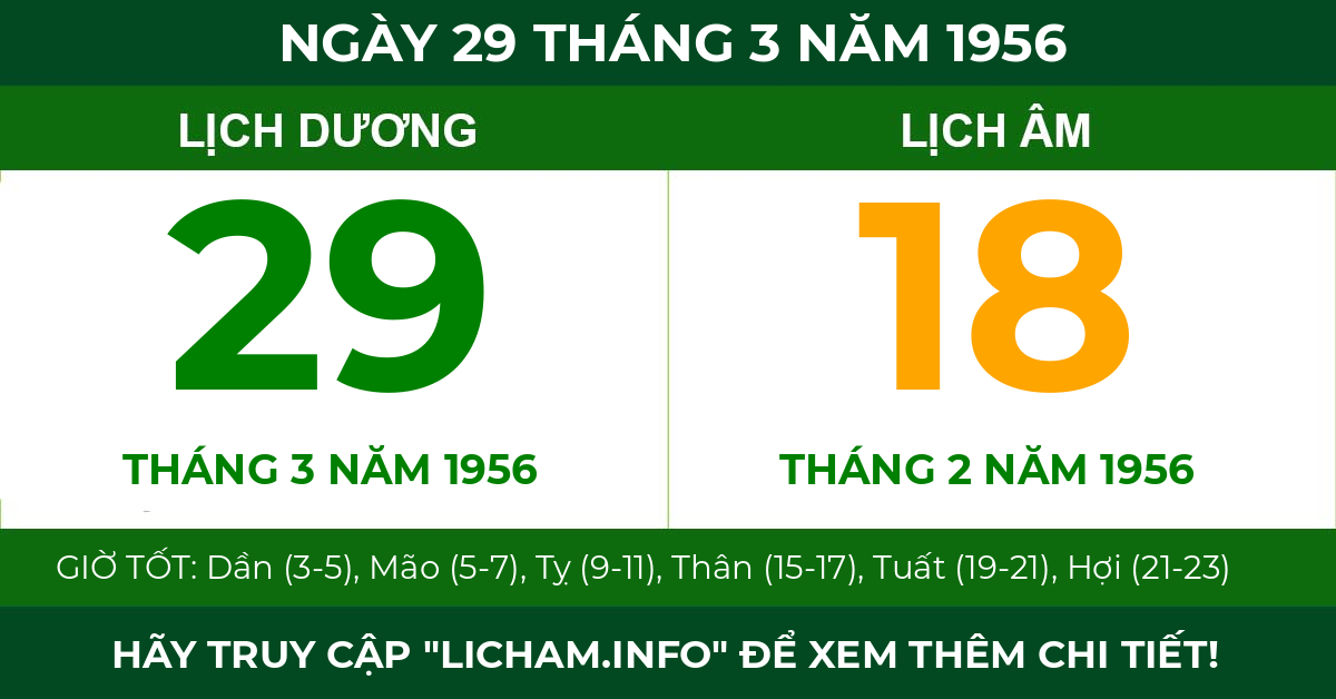 lịch âm ngày 29 tháng 3 năm 1956