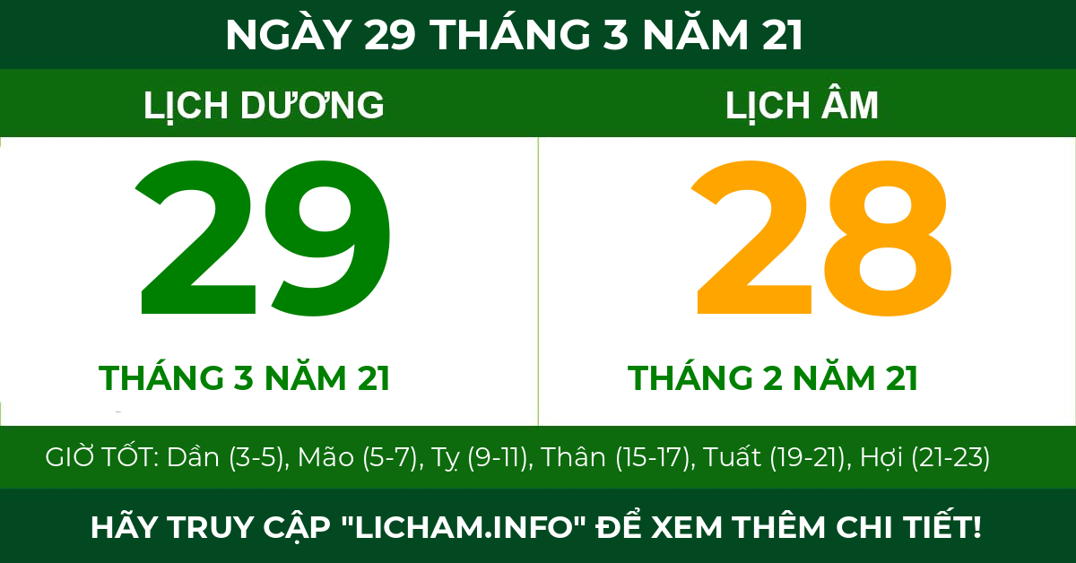 lịch âm ngày 29 tháng 3 năm 21