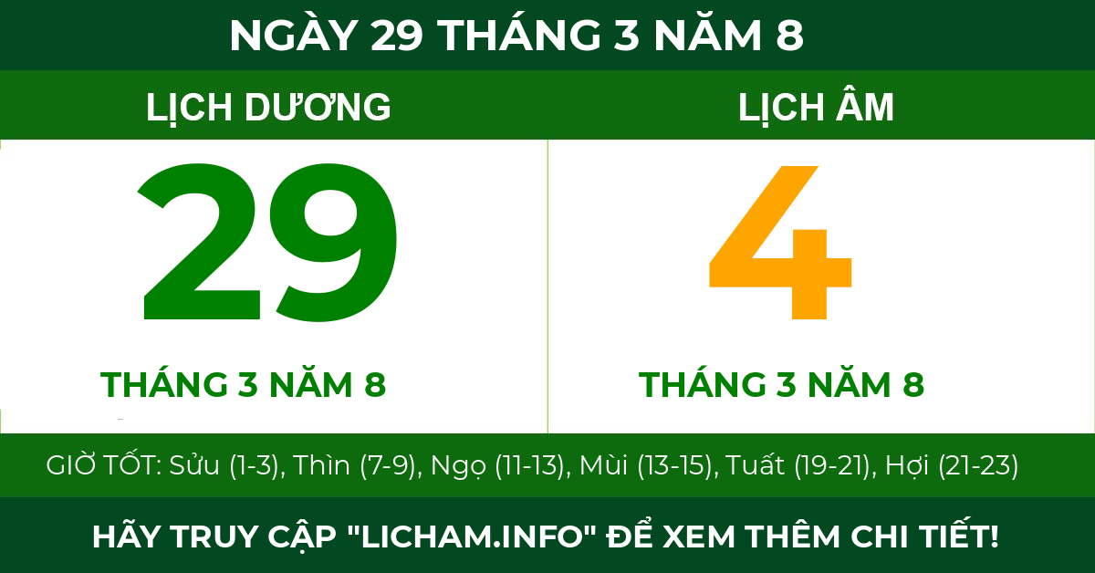 lịch âm ngày 29 tháng 3 năm 8