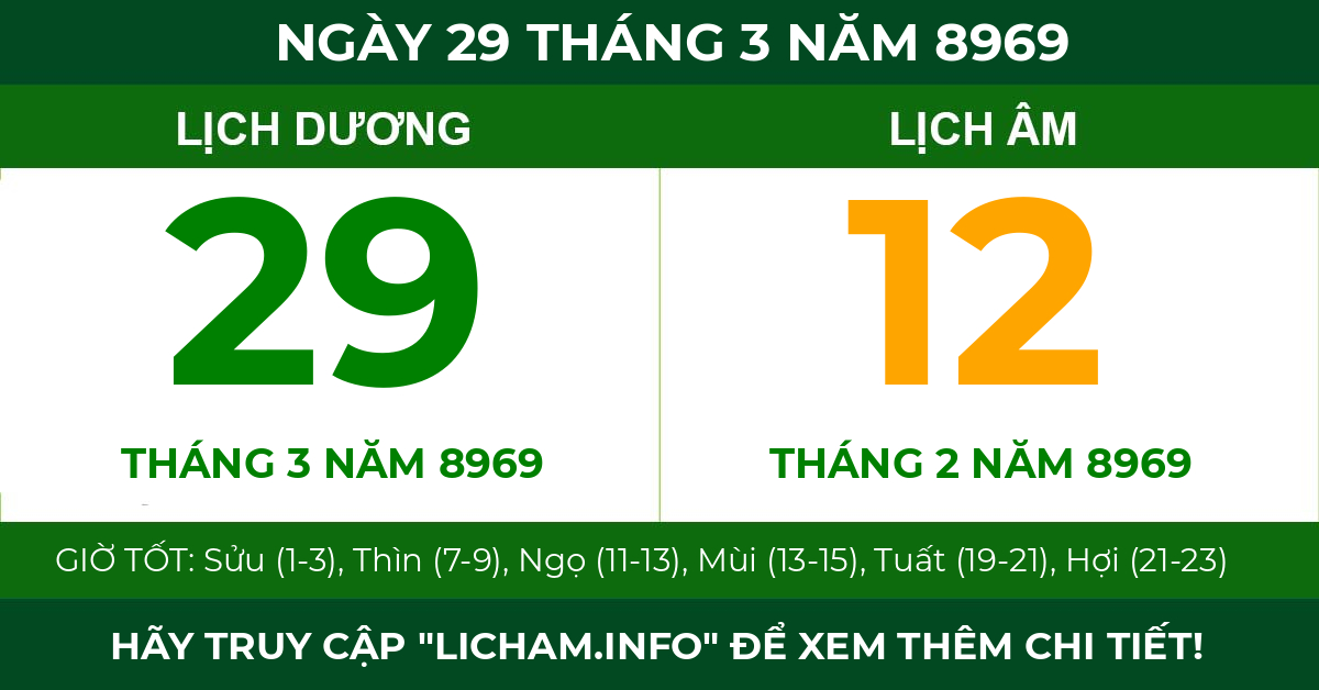 lịch âm ngày 29 tháng 3 năm 8969