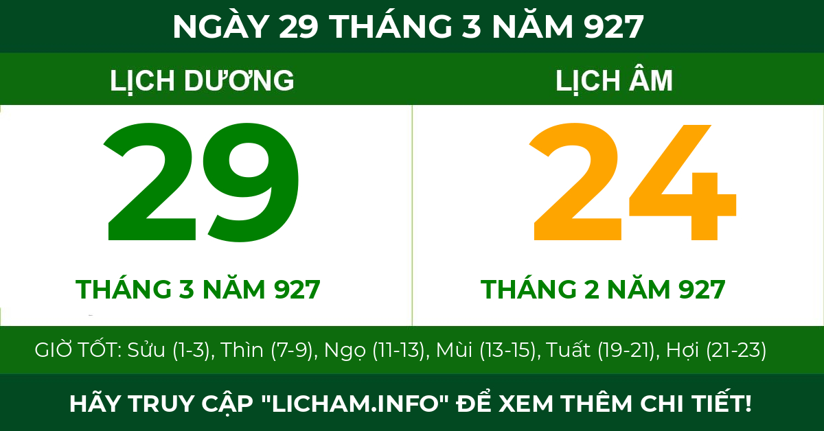 lịch âm ngày 29 tháng 3 năm 927