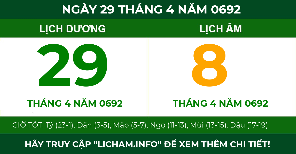 lịch âm ngày 29 tháng 4 năm 0692