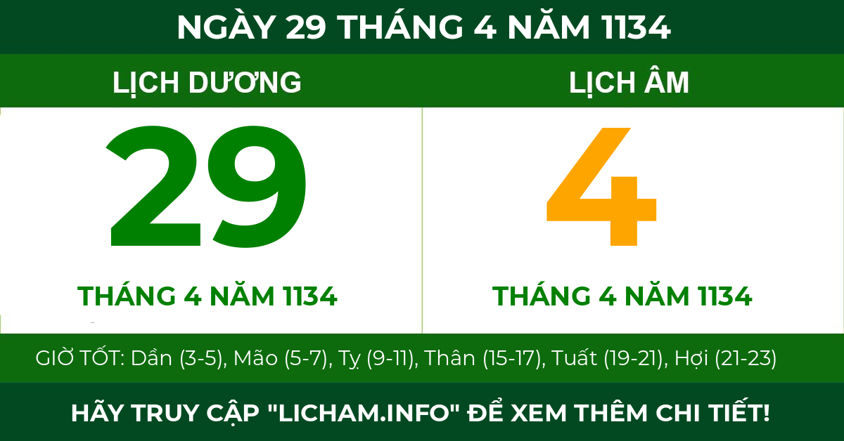 lịch âm ngày 29 tháng 4 năm 1134
