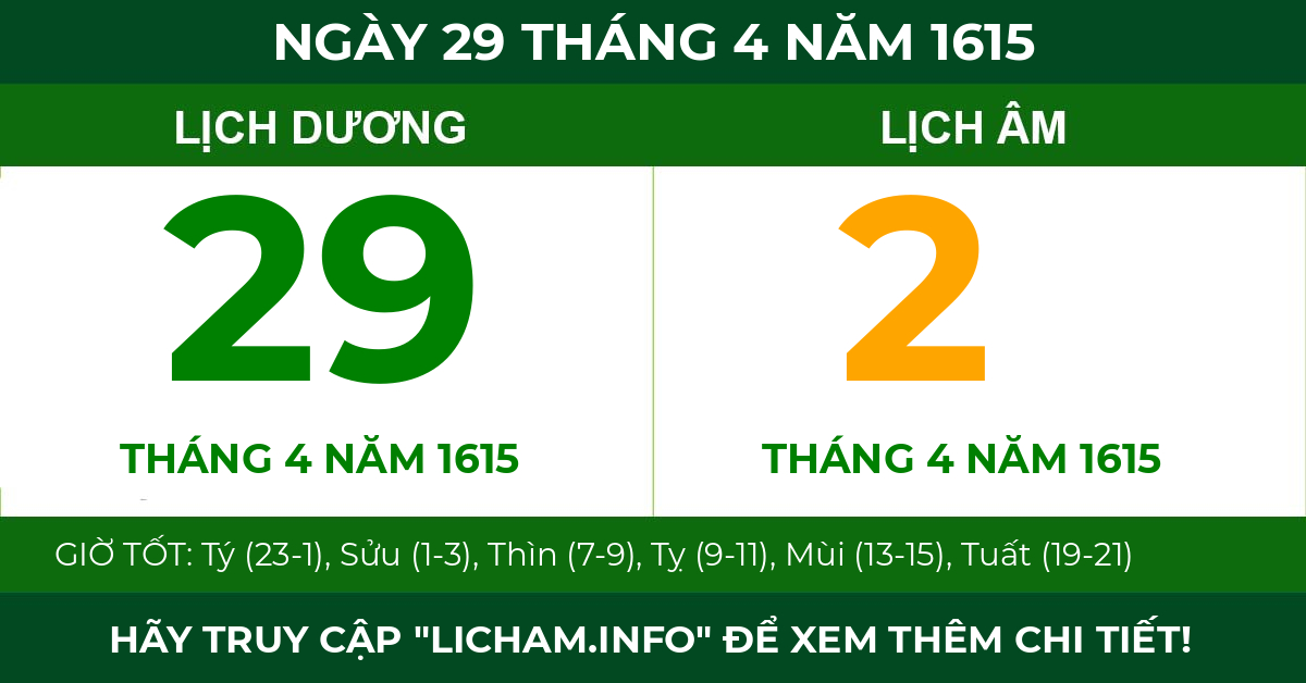 lịch âm ngày 29 tháng 4 năm 1615