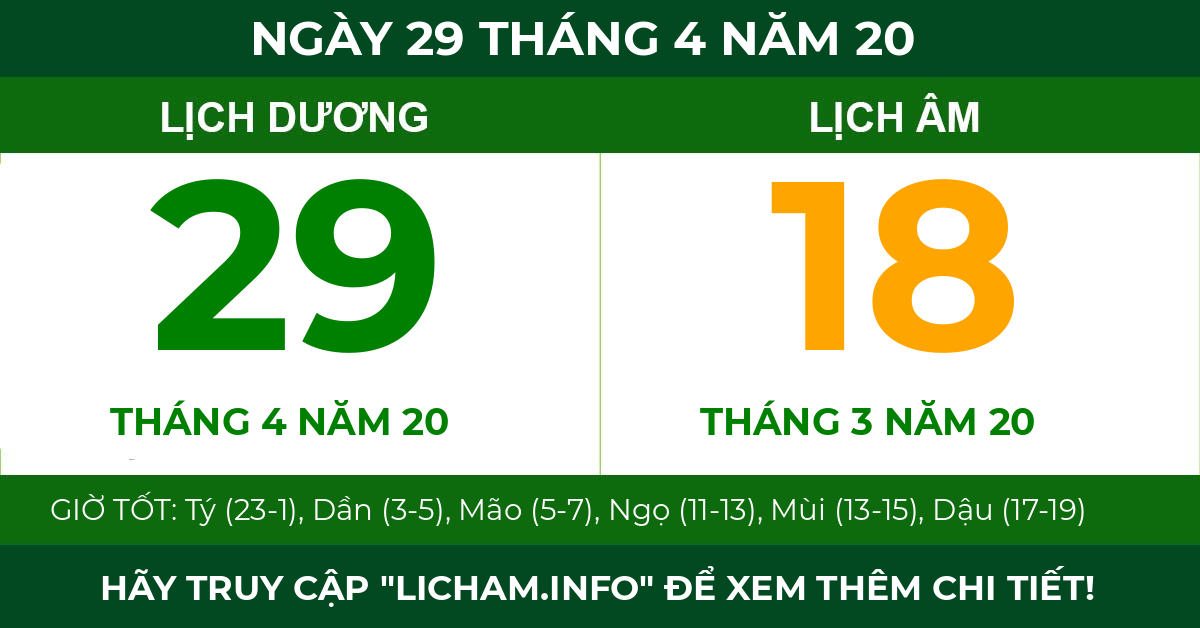 lịch âm ngày 29 tháng 4 năm 20