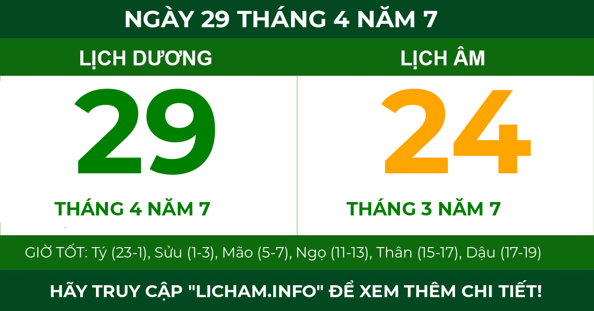lịch âm ngày 29 tháng 4 năm 7