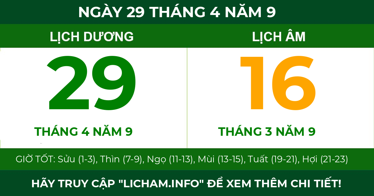 lịch âm ngày 29 tháng 4 năm 9
