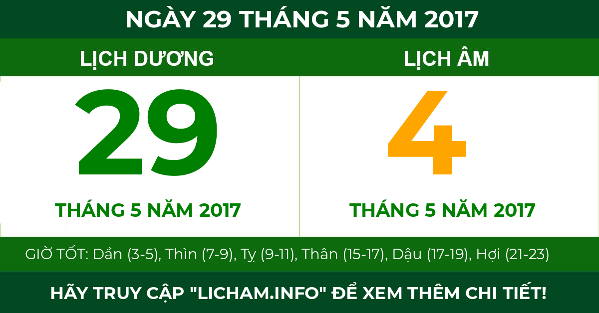 lịch âm ngày 29 tháng 5 năm 2017