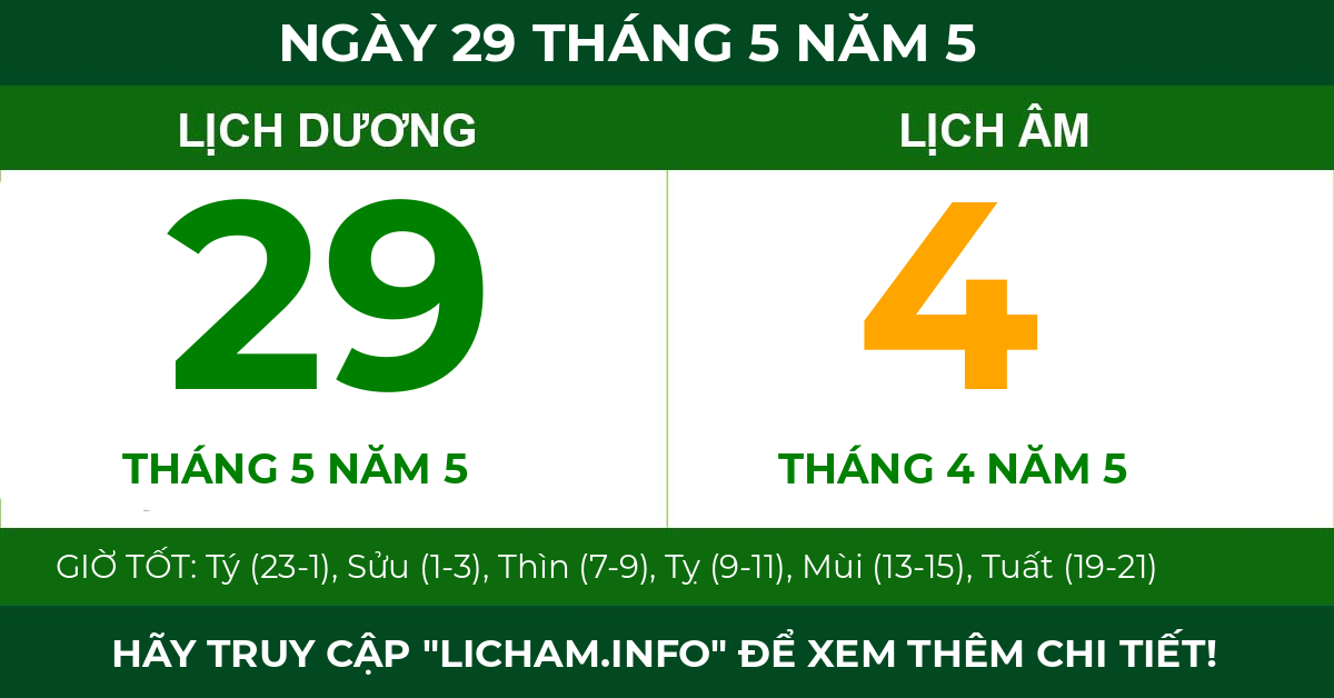 lịch âm ngày 29 tháng 5 năm 5