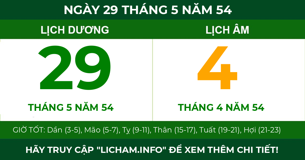 lịch âm ngày 29 tháng 5 năm 54