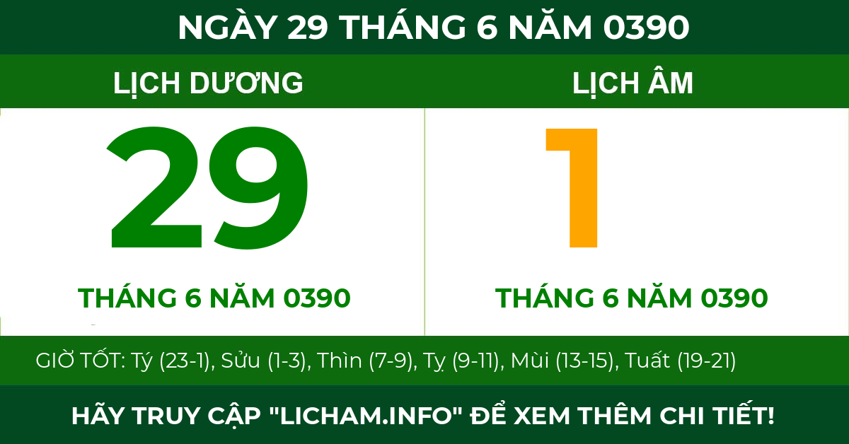lịch âm ngày 29 tháng 6 năm 0390