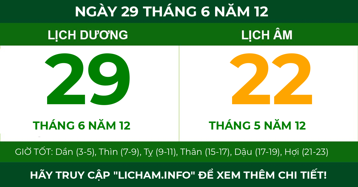 lịch âm ngày 29 tháng 6 năm 12
