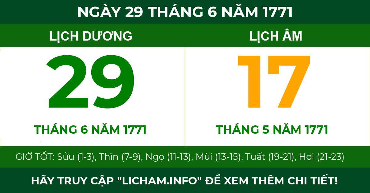 lịch âm ngày 29 tháng 6 năm 1771
