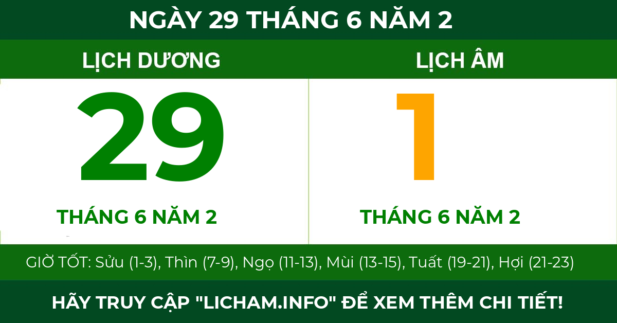 lịch âm ngày 29 tháng 6 năm 2