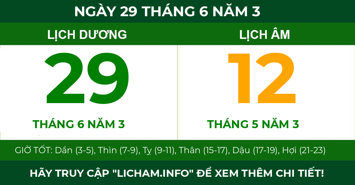 lịch âm ngày 29 tháng 6 năm 3