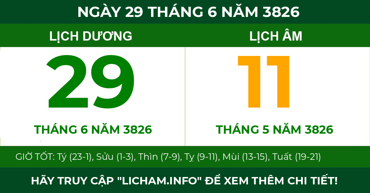 lịch âm ngày 29 tháng 6 năm 3826